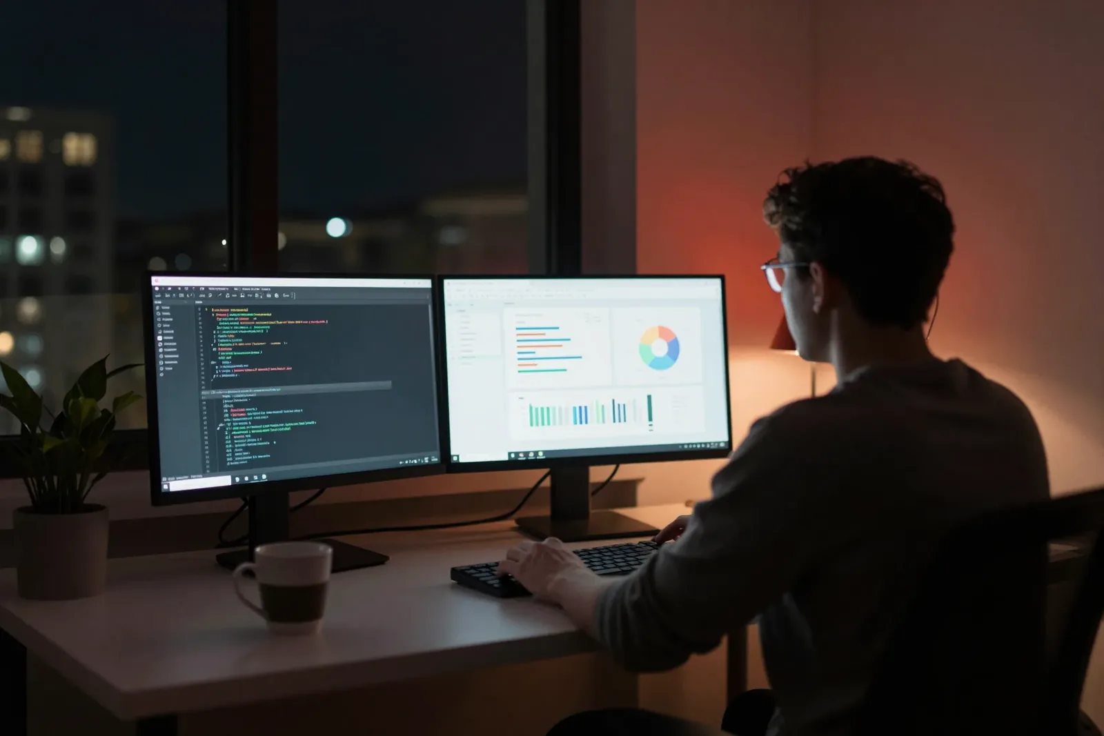 Desenvolvedor programando à noite com dois monitores