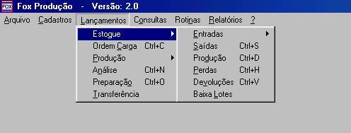 Tela original do Fox Produção versão 2.0, com os menus Arquivo, Cadastros, Lançamentos, Consultas, Rotinas e Relatórios