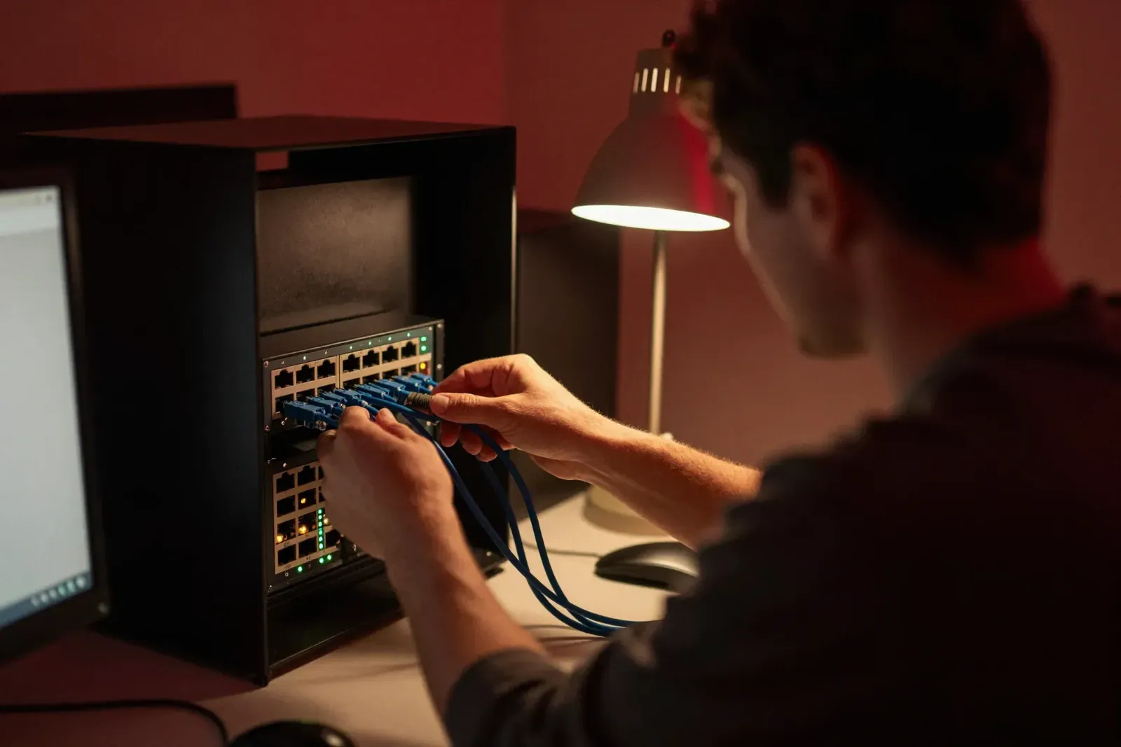 Técnico conectando cabos de rede em um rack