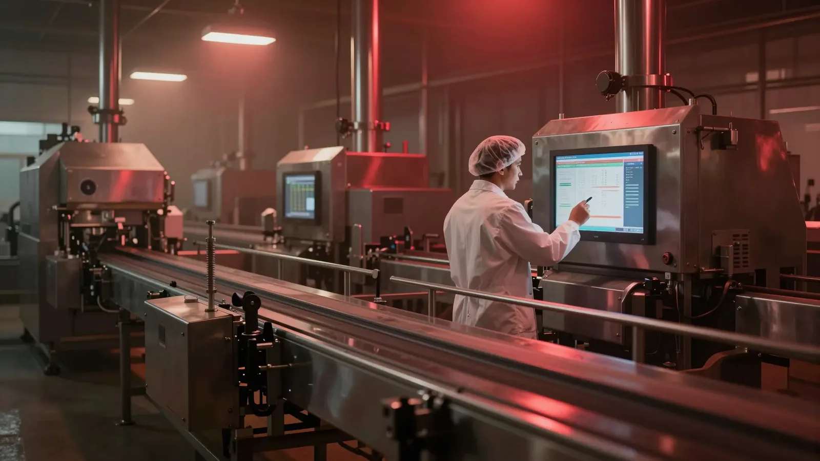 Operadora consultando o sistema em uma linha de produção